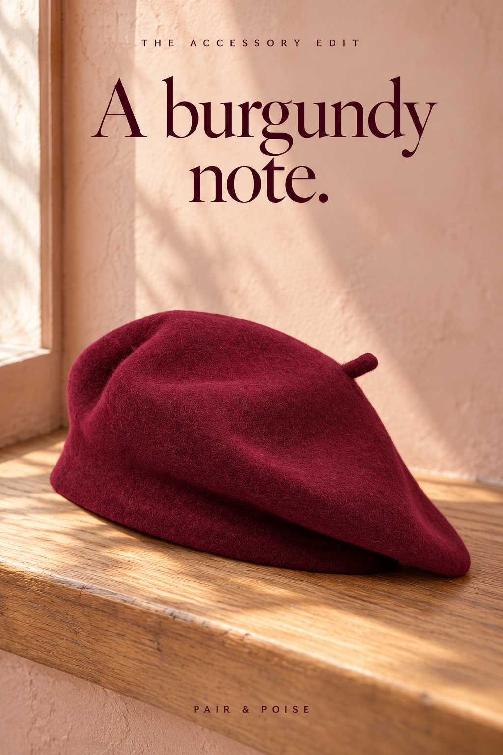 A burgundy felt beret with a small matching stem and softly draped crown rests on an oak window ledge in a dusty-rose plaster alcove. Text reads The Accessory Edit, A burgundy note., Pair & Poise.