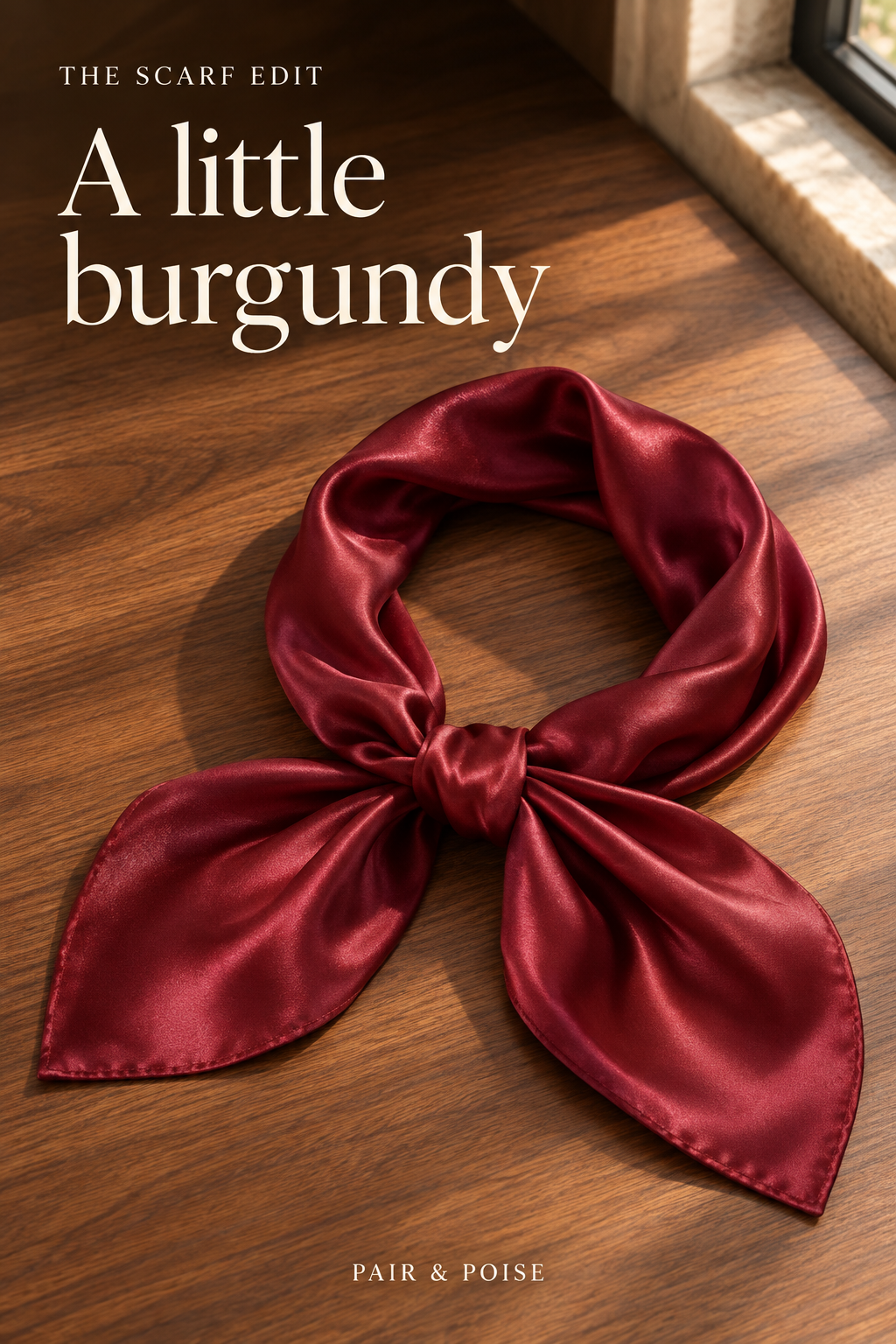 Reference-based editorial still life of one wine-red satin scarf folded into an open oval with a loose knot and two broad pointed ends on a walnut table in window light.