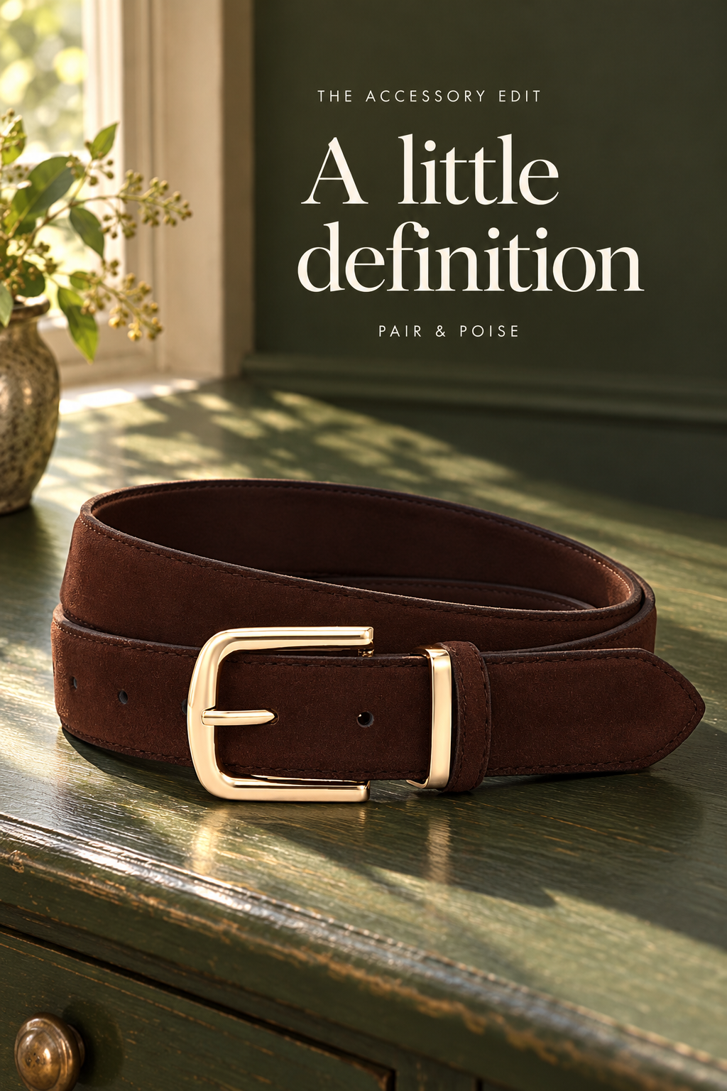 Dark coffee-brown suede-look belt coiled on a moss-green wooden table by a window, with a gold-tone rectangular single-prong buckle, matching keeper, stitched edges and tapered tip.