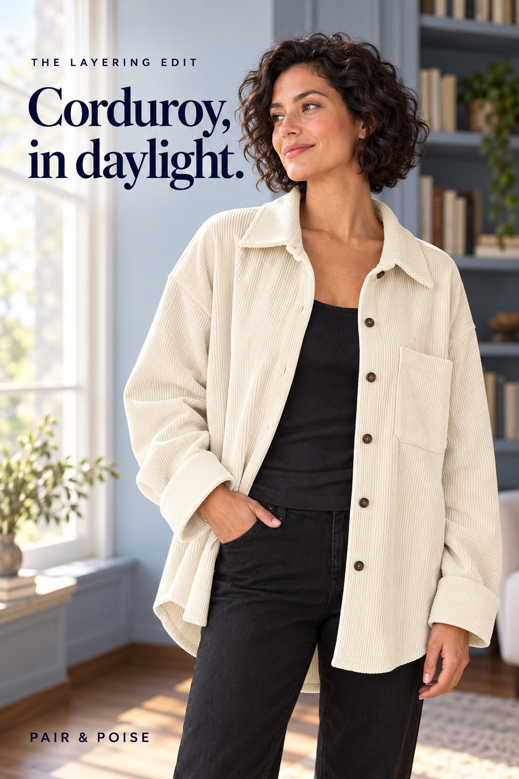 A synthetic adult woman wears an open cream-beige corduroy shirt jacket with a pointed collar, one chest pocket, brown buttons and a curved hem over plain dark basics in a blue reading room. Text reads The Layering Edit, Corduroy, in daylight., Pair & Poise.