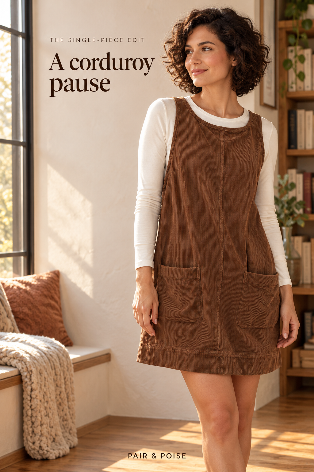 Reference-based scene of a fictional adult wearing a brown corduroy mini pinafore with rounded neckline, central seam and two low patch pockets over an incidental plain ivory top beside a reading-room window.