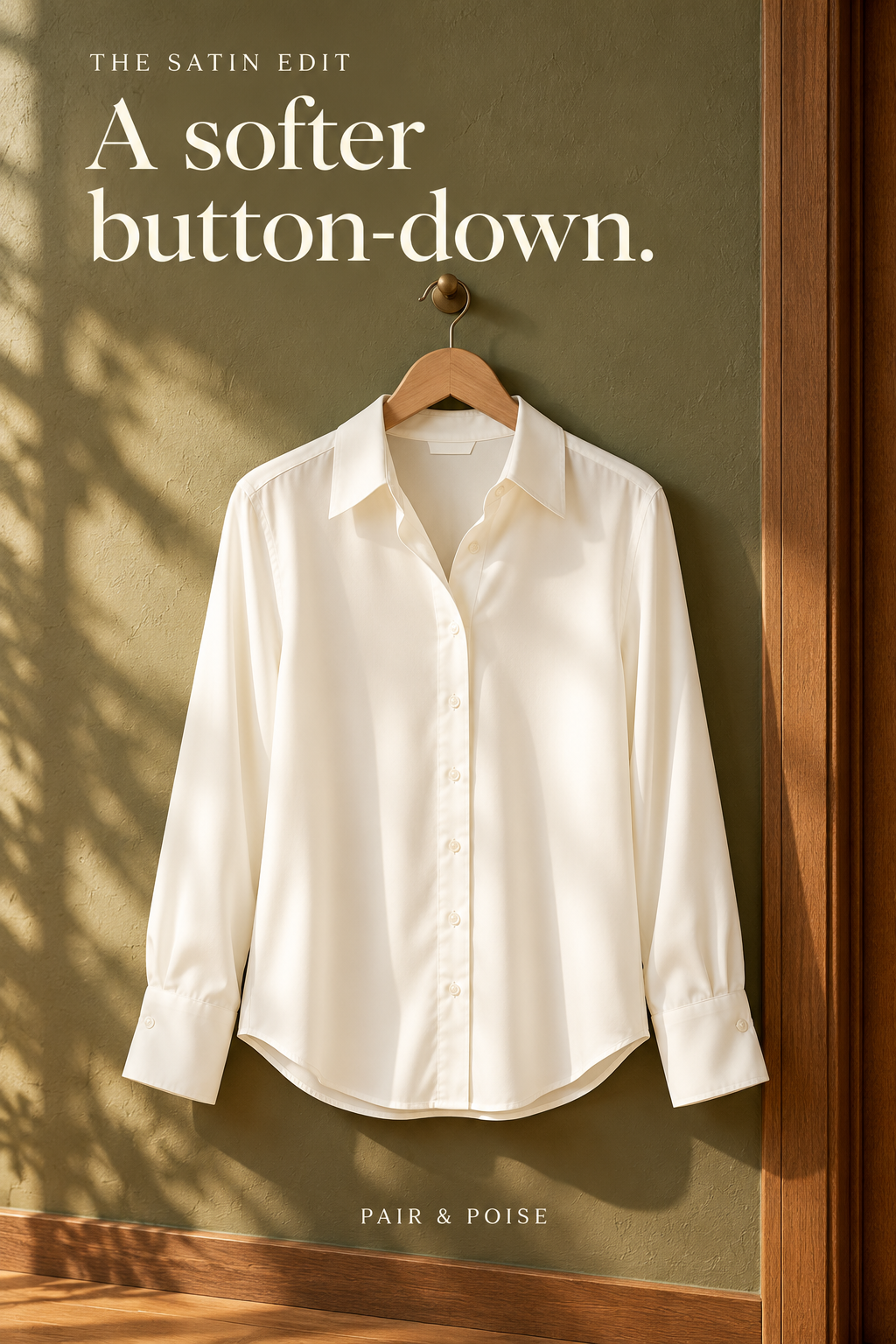An eggshell-white satin button-down shirt hangs from a wooden hanger against an olive plaster wall beside a walnut doorway. Its pointed collar, pale buttons, long sleeves, wide cuffs and curved hem are visible in soft window light. Text reads The Satin Edit, A softer button-down., Pair & Poise.