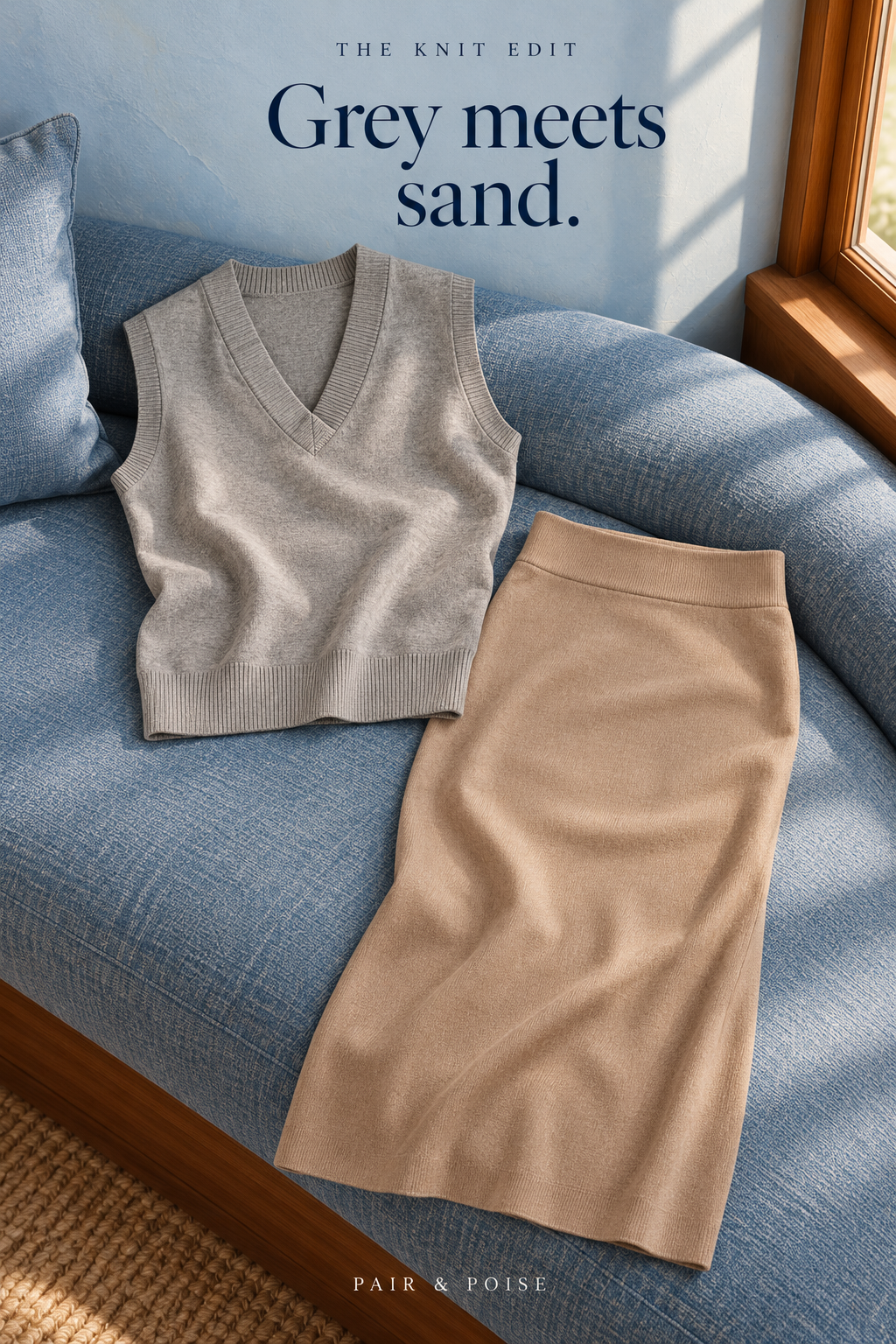 The light-gray V-neck vest is the upper garment in the two-piece blue-seat arrangement; ribbed neck, armholes and hem are visible.
