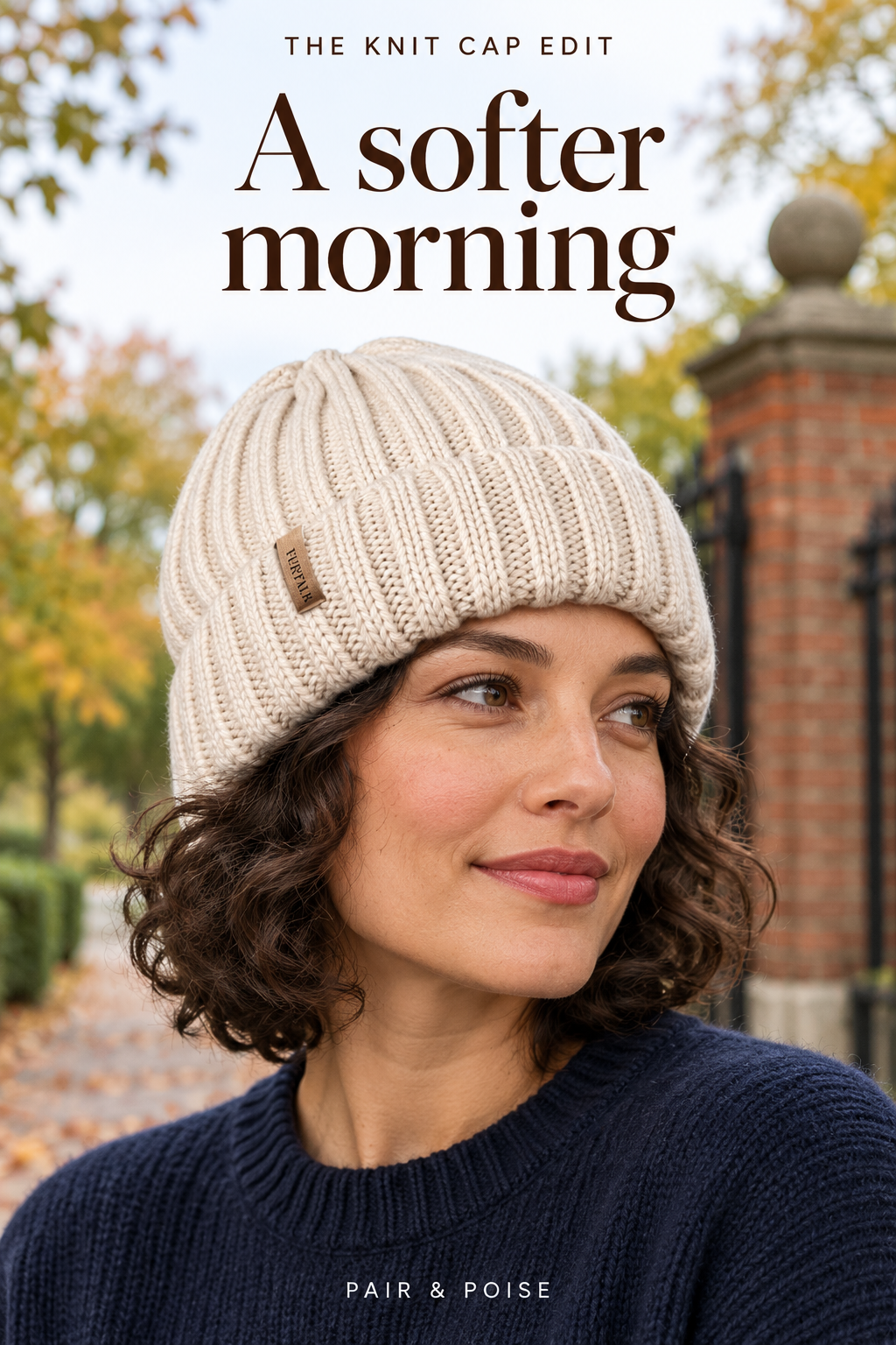 Fictional adult wearing a pale beige ribbed knit cap with folded cuff and a vertical tan FURTALK tag beside a brick park entrance.