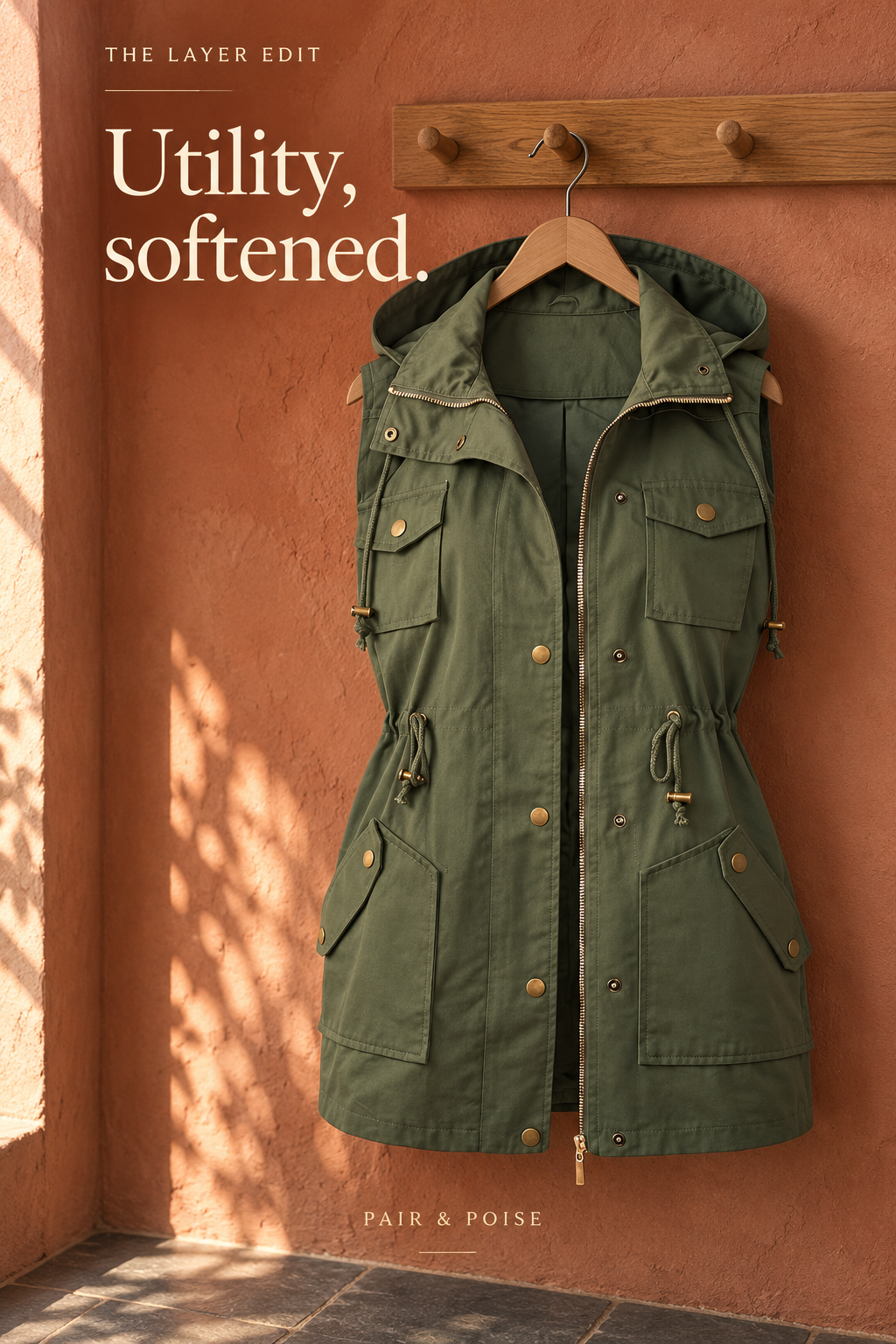 Reference-based editorial still life of an olive hooded utility vest with four pockets and brass-tone hardware hanging against terracotta plaster.