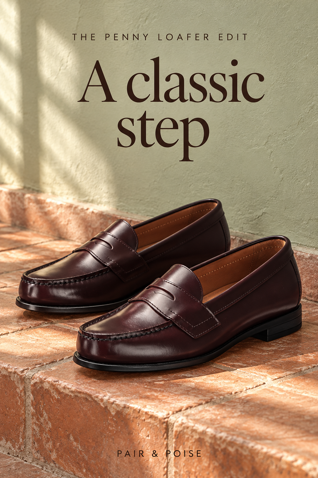 Reference-based editorial still life of dark burgundy leather penny loafers with apron stitching, saddle straps and low black soles on a terracotta step against a sage wall.