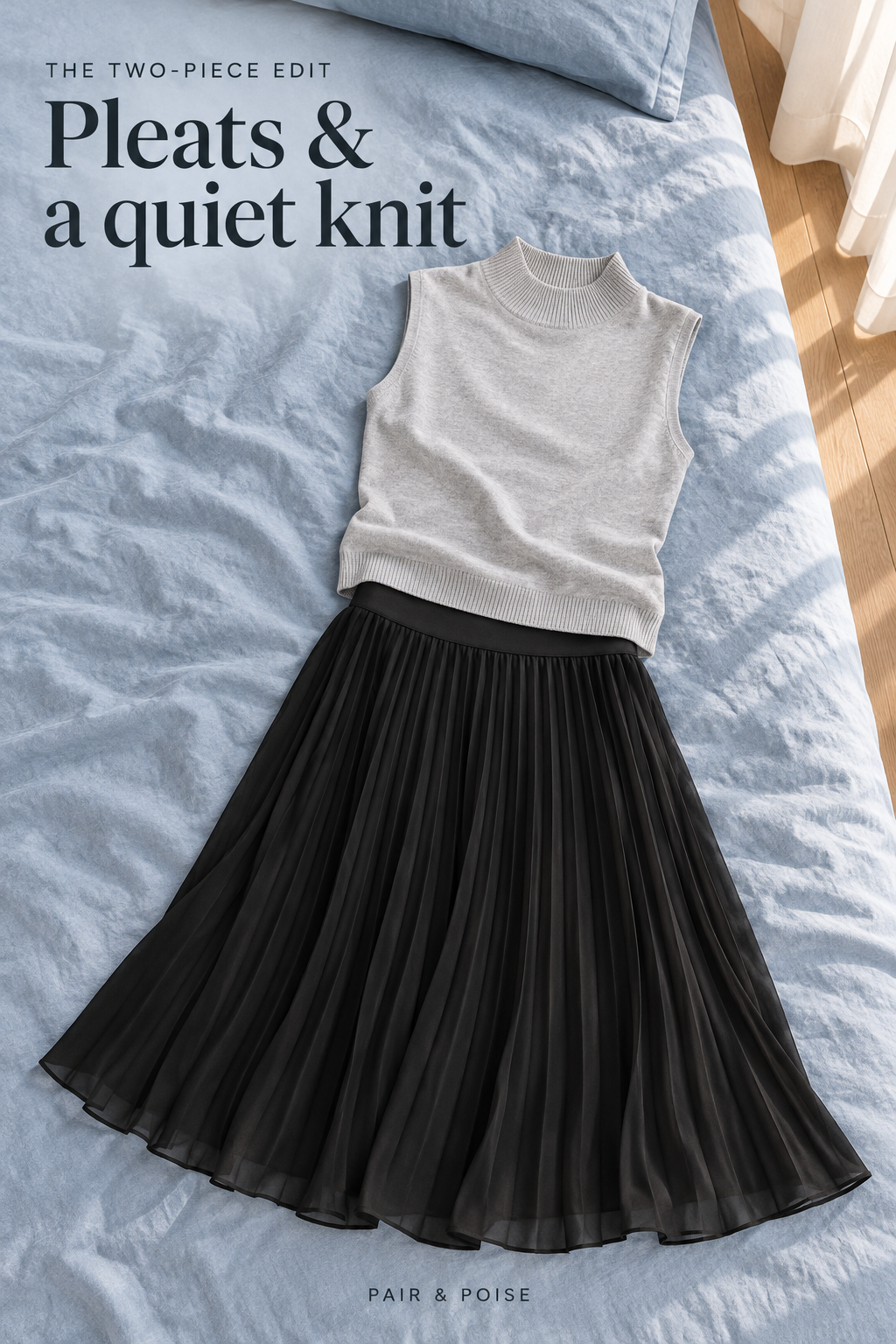 The lower garment in this reference-based still life is a black pleated midi skirt with wide smooth waistband and A-line hem.