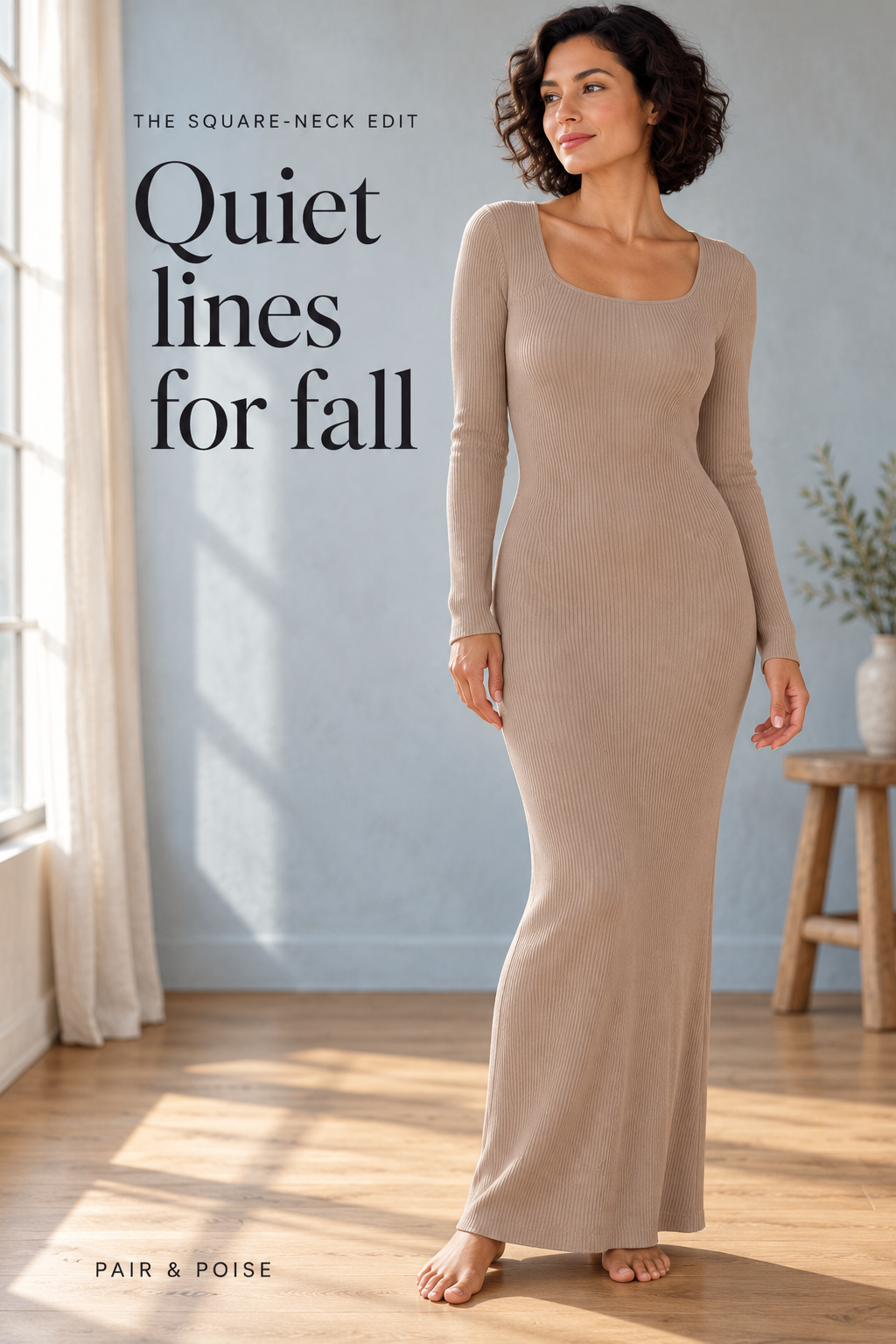 Fictional adult with short dark curls wearing a taupe-beige square-neck, long-sleeve ribbed maxi dress in a blue-grey studio with oak floor and natural window light.