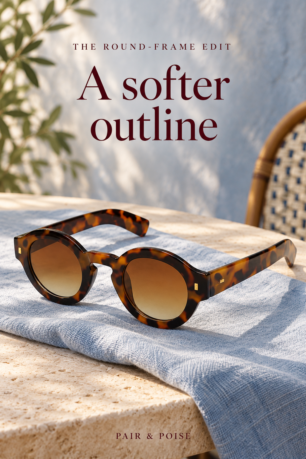 Reference-based still life of round amber-and-dark-brown tortoiseshell sunglasses with a keyhole bridge, brown gradient lenses and small gold-tone accents on blue linen at a stone cafe table.
